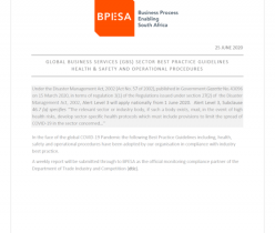 GLOBAL BUSINESS SERVICES SECTOR BEST PRACTICE GUIDELINES HEALTH SAFTEY AND OPERATIONAL PROCEDURES 30.06.21