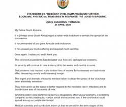 Statement by President Cyril Ramaphosa on Further Economic and Social Measures in Response the COVID-19 Epidemic, 21 April 2020