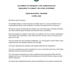 Statement by President Cyril Ramaphosa on Measures to Combat the COVID-19 Epidemic, 9 April 2020