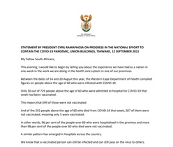 Statement by president Cyril Ramaphosa on progress in the national effort to contain the COVID-19 pandemic, Union Buildings, Tshwane, 12 September 2021